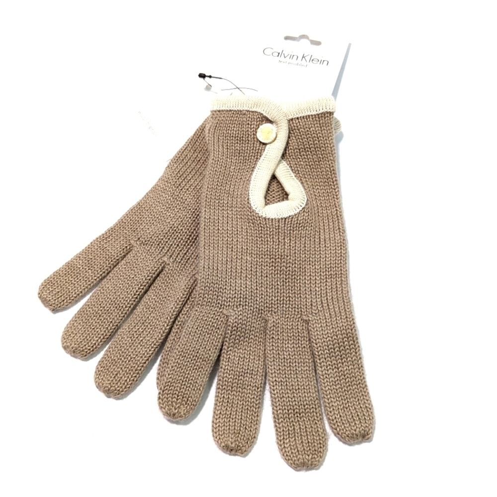 Calvin Klein Cream Beige Wool Blend Text Enabled Knit Gloves